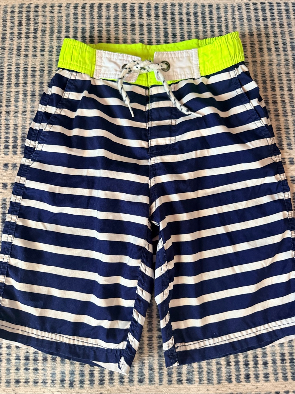 Mini Boden Navy & White Striped Swim Trunks with Neon Yellow Waistband